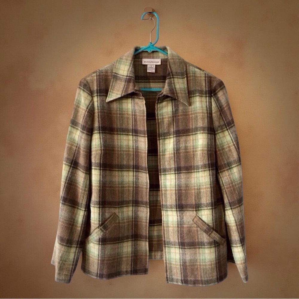 Evan Picone Vintage Plaid Wool-Blend Shacket Blazer Academia Old Money Size 12